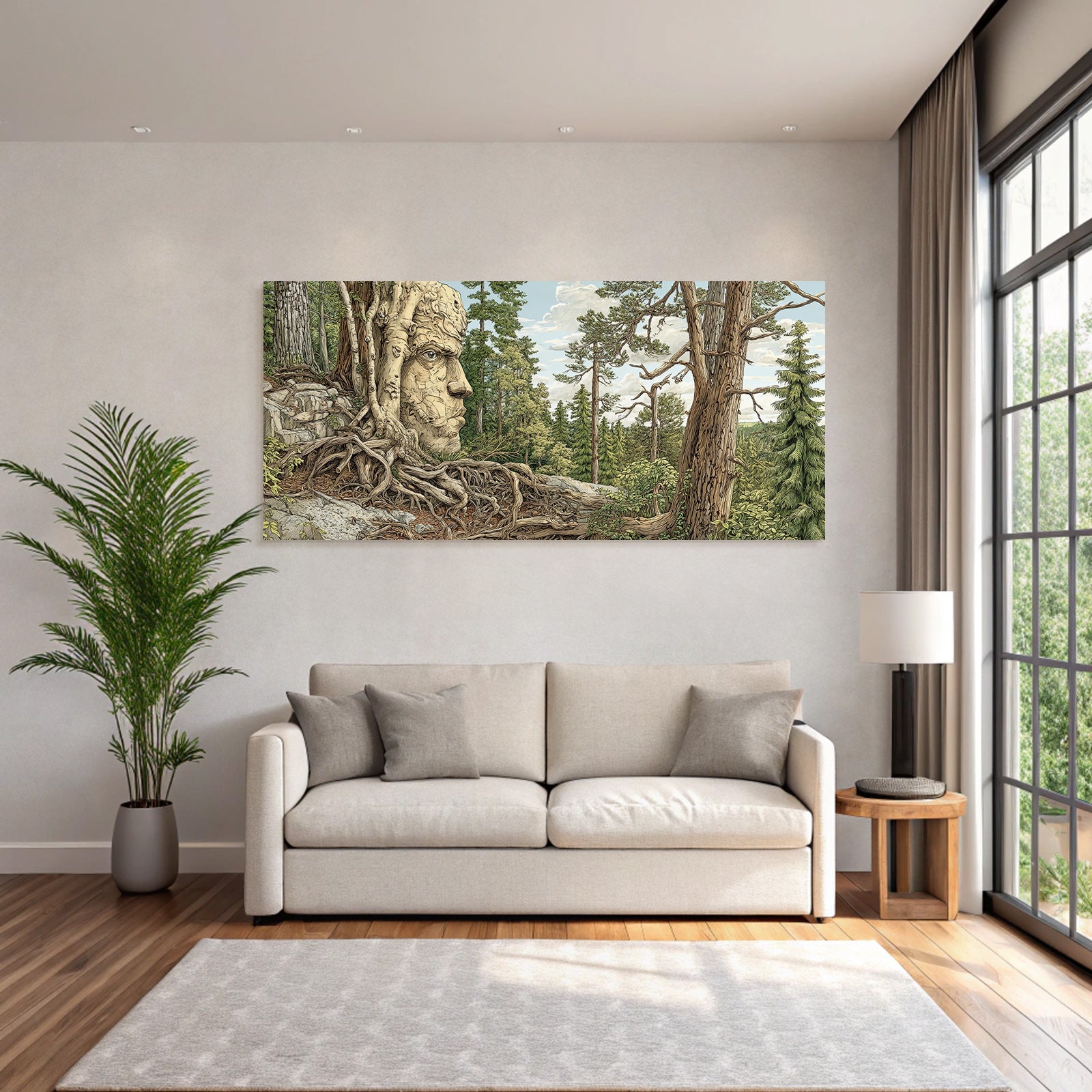 Surreale Landschaft Naturgesicht Skulptur Aus Bäumen Und Folgen