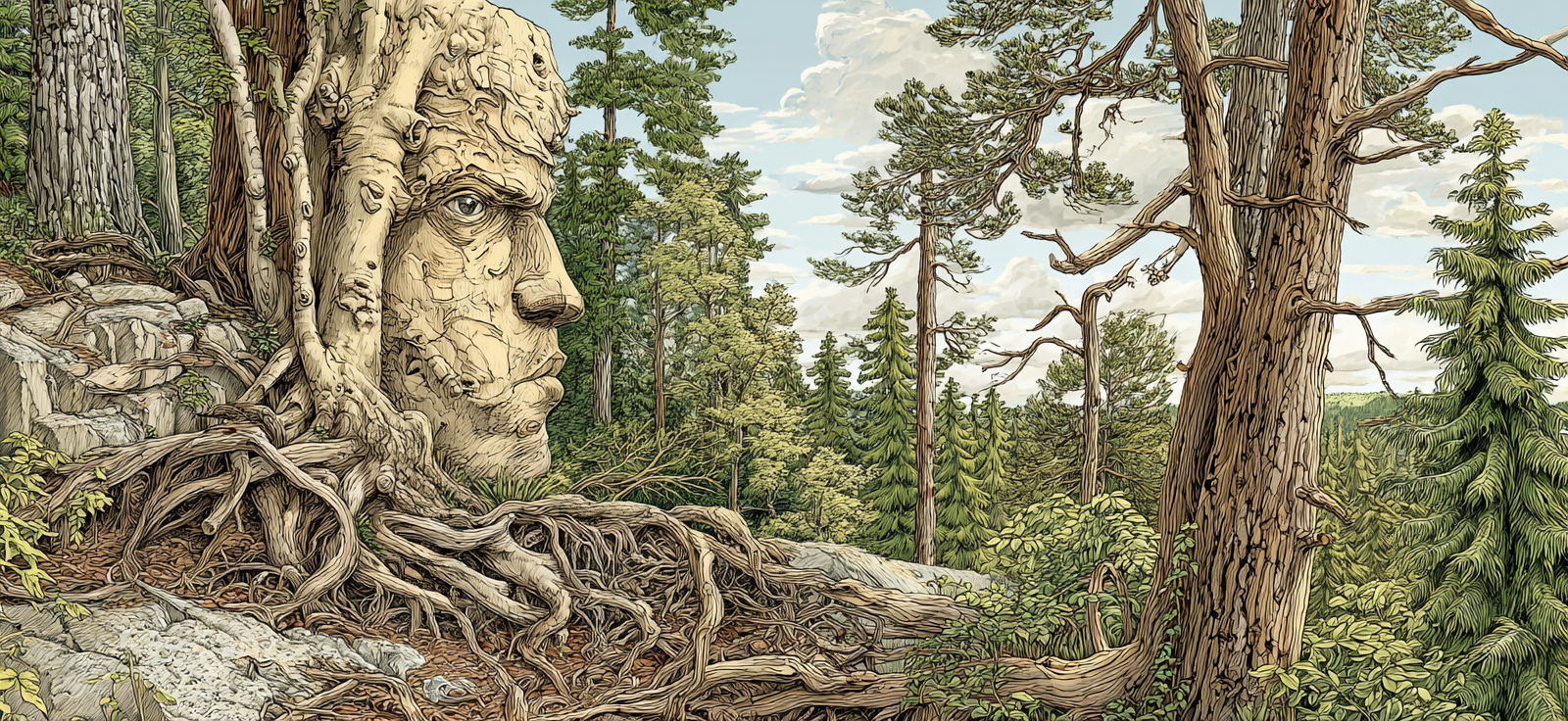 Surreale Landschaft Naturgesicht Skulptur Aus Bäumen Und Folgen | Humor und Schraeges | Themen und Hobbys