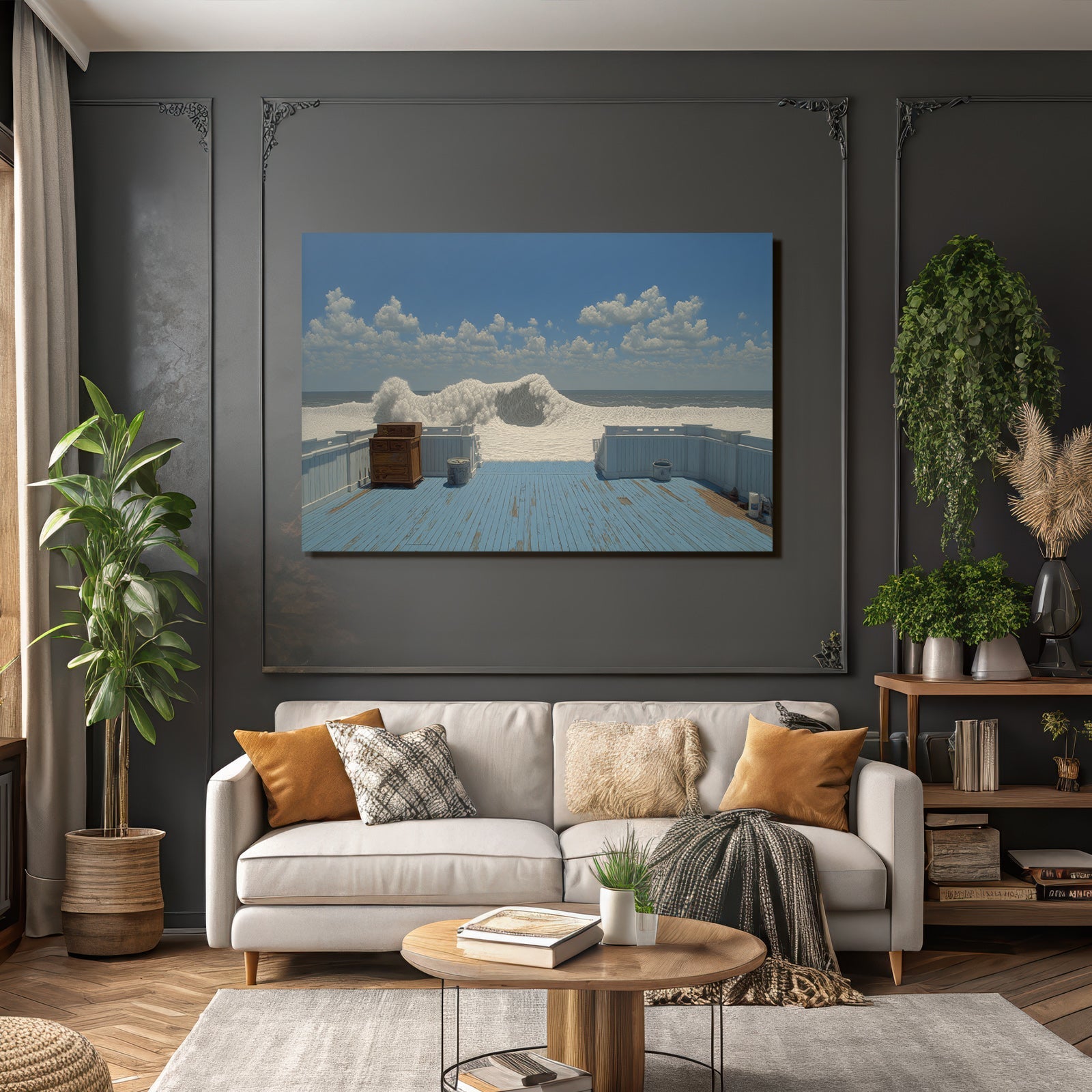 Surreale Szene Foamy Welle Holzdeck Meer Blaür Himmel