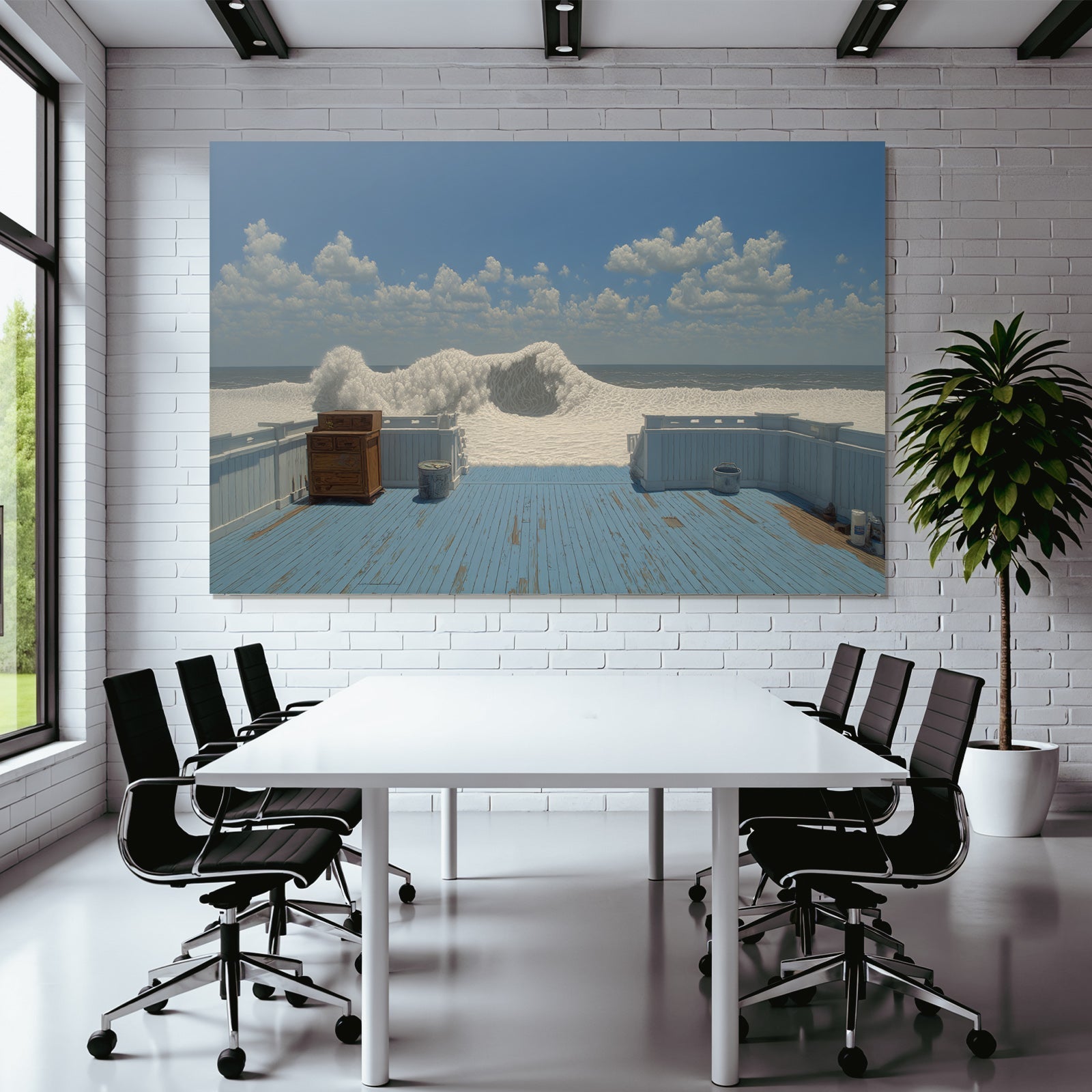 Surreale Szene Foamy Welle Holzdeck Meer Blaür Himmel