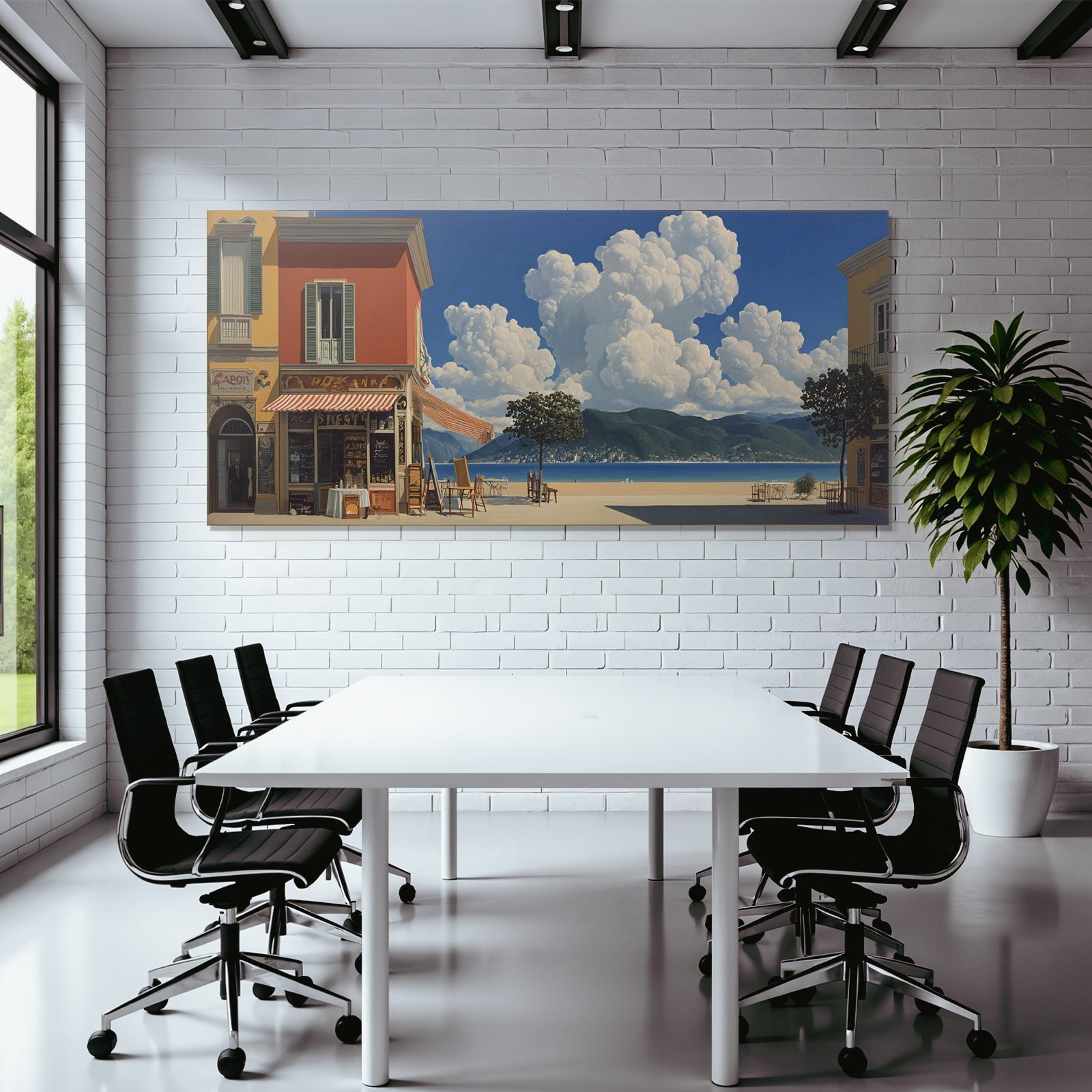 Vibrante Küstenlandschaft Mit Bunten Gebauden Strand Und Bergen