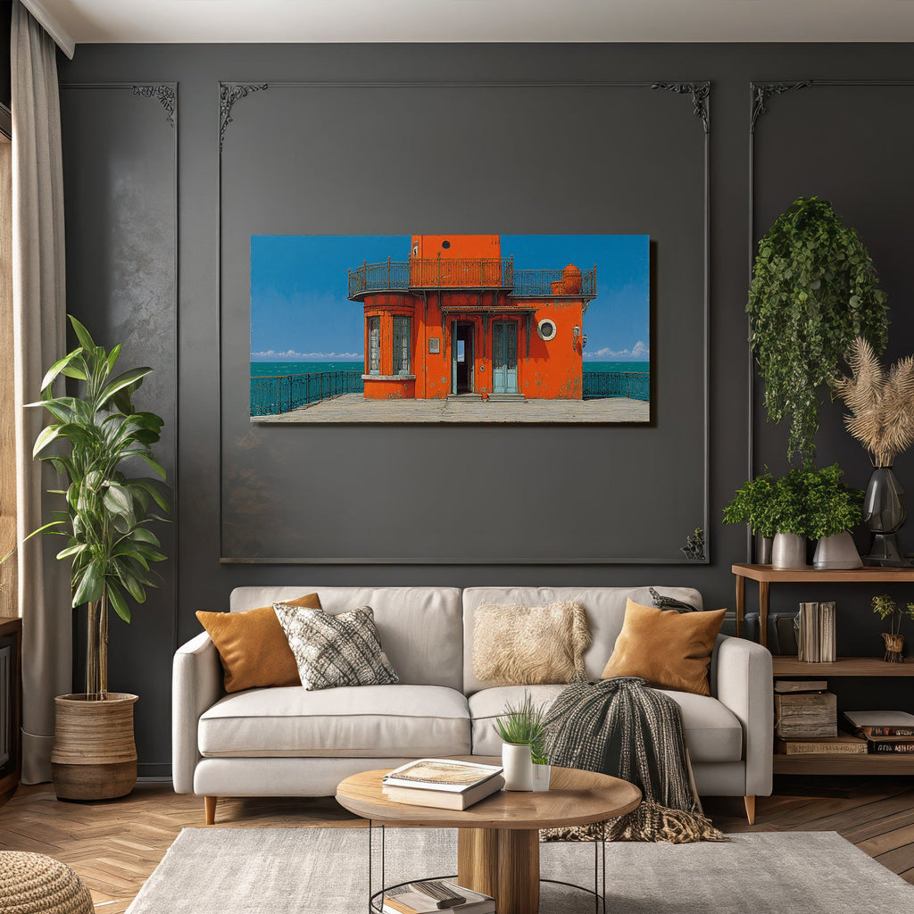 Vibrante Orange Structure Seaside Lighthouse Mit Fenstern Balcony