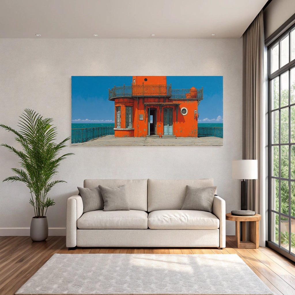 Vibrante Orange Structure Seaside Lighthouse Mit Fenstern Balcony