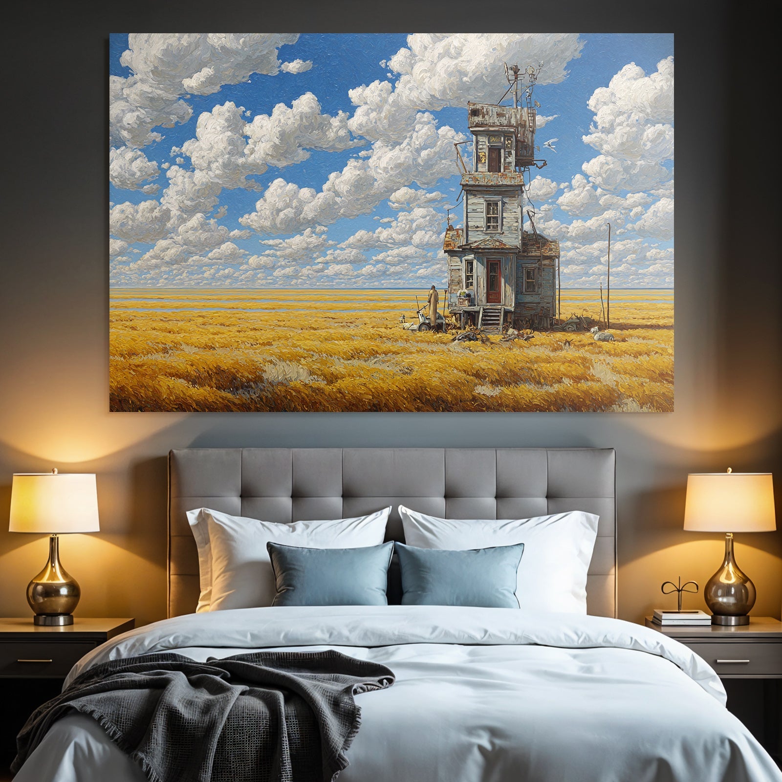 Whimsical Surreal Landscape With Building And Fields