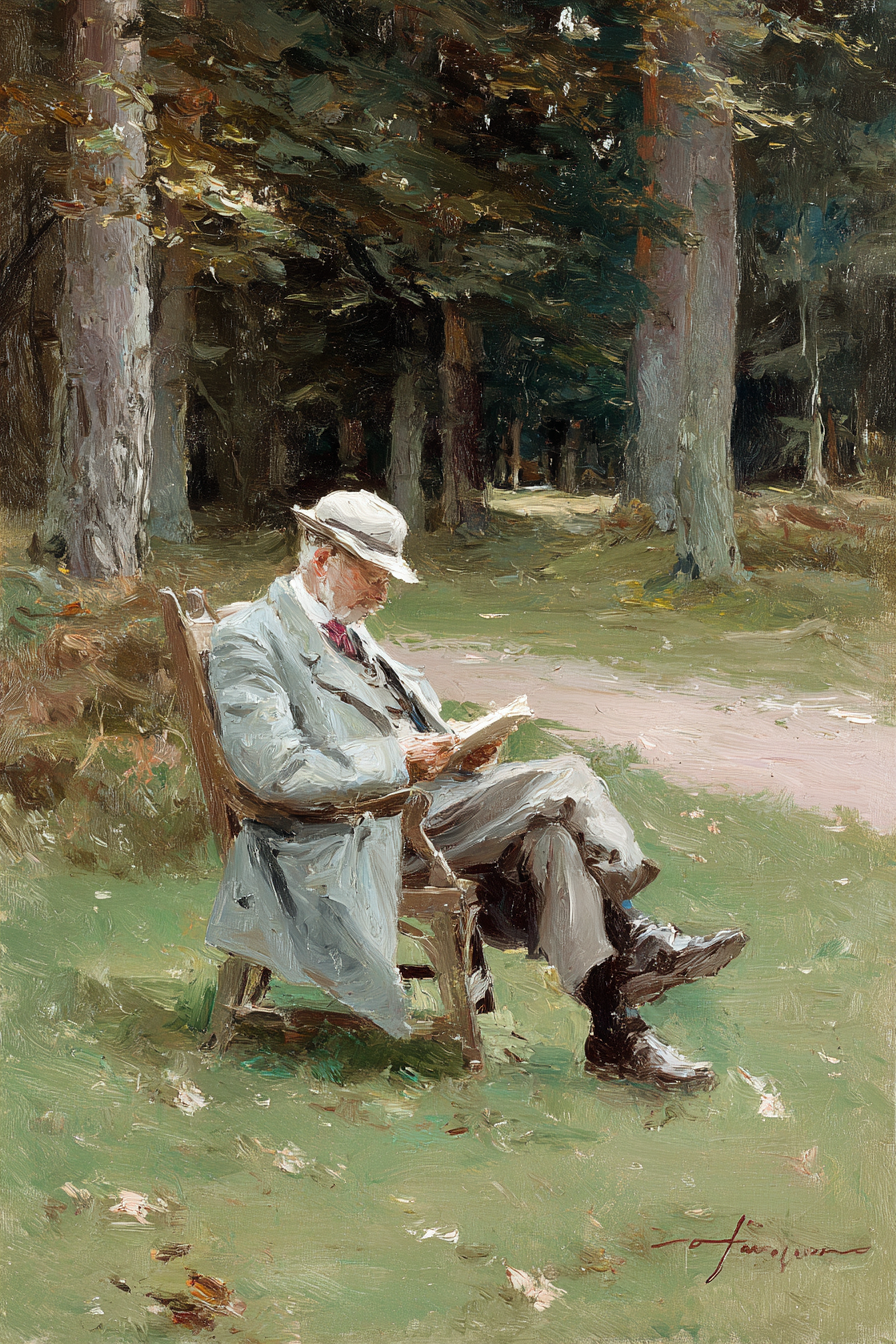 Lesen Denken Älterer Mann In Einem Wald Lest Ein Buch Impressionistische Malerei | Lesen und Denken | Themen und Hobbys