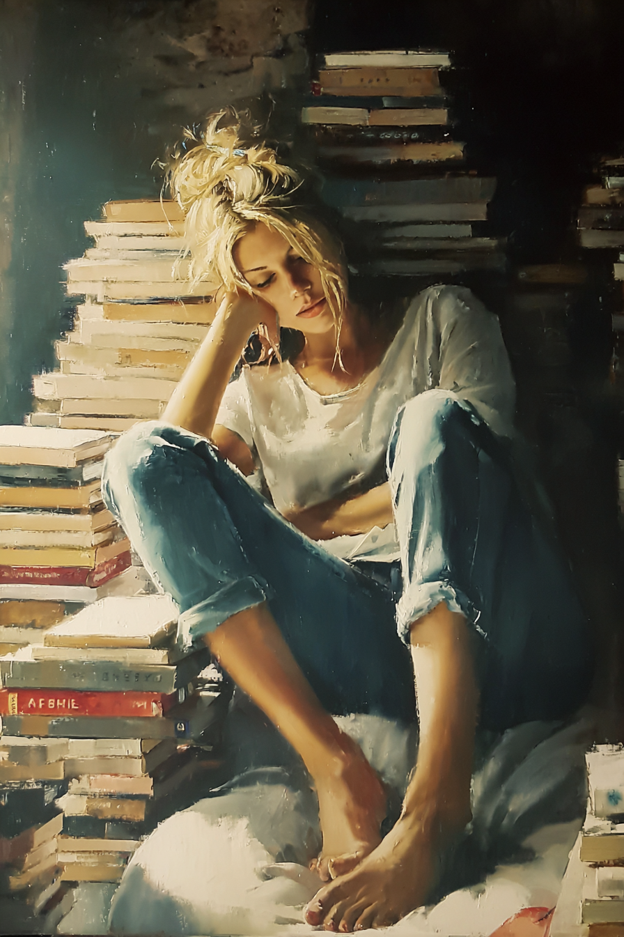 Lesen Denken Frau Sitzen Resten Von Büchern Nachdenklich | Lesen und Denken | Themen und Hobbys