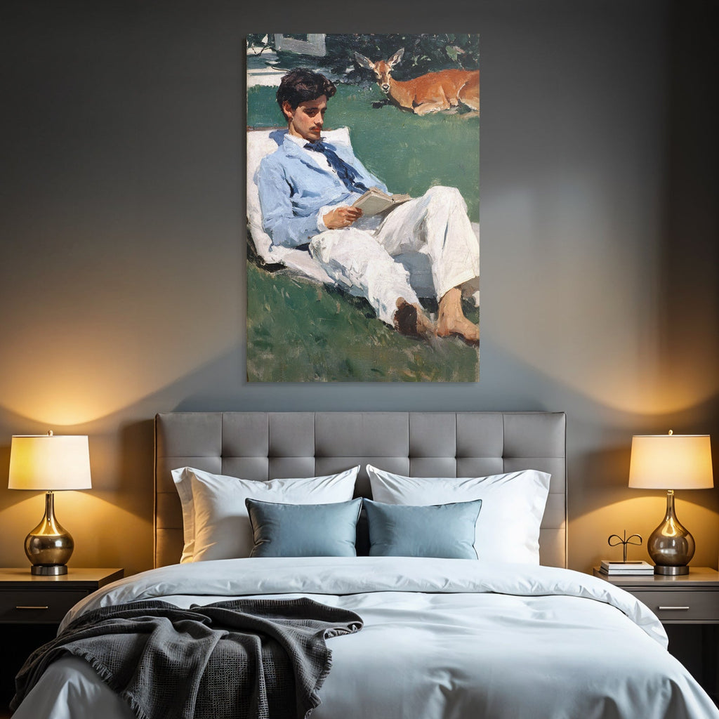 Reading Thinking Young Man Reading Book Outdoors With Deer In Background Impressionist Painting