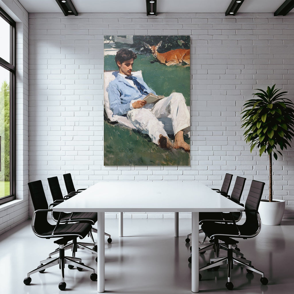 Reading Thinking Young Man Reading Book Outdoors With Deer In Background Impressionist Painting