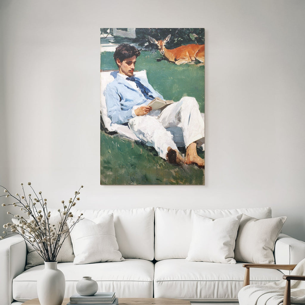 Reading Thinking Young Man Reading Book Outdoors With Deer In Background Impressionist Painting