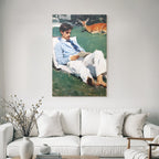 Reading Thinking Young Man Reading Book Outdoors With Deer In Background Impressionist Painting