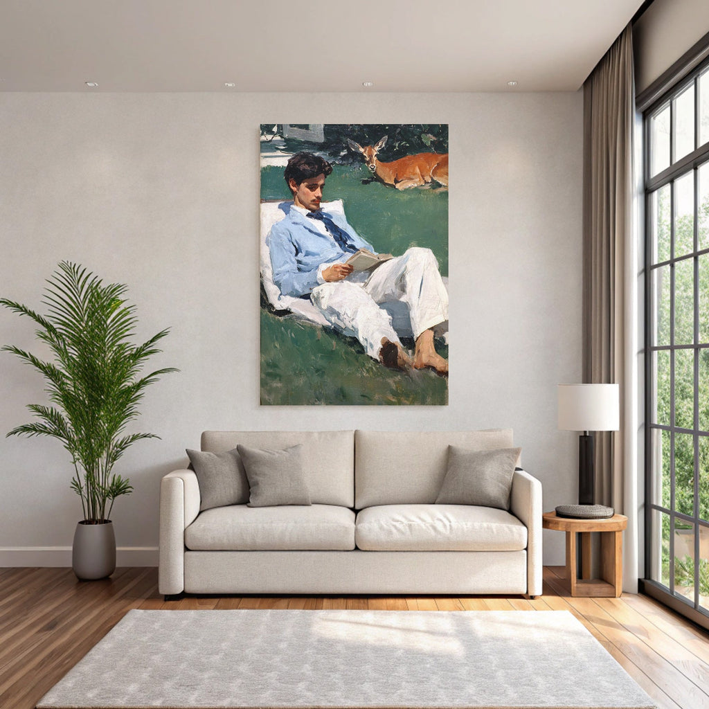 Reading Thinking Young Man Reading Book Outdoors With Deer In Background Impressionist Painting