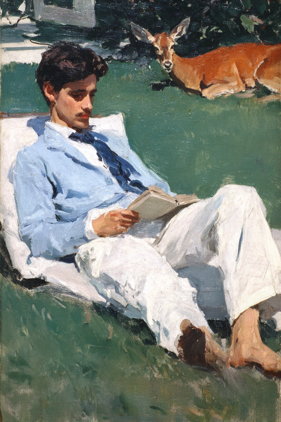 Lesen Denken Junger Mann Liest Buch Im Freien Mit Reh Im Hintergrund Impressionistische Malerei | Lesen und Denken | Themen und Hobbys