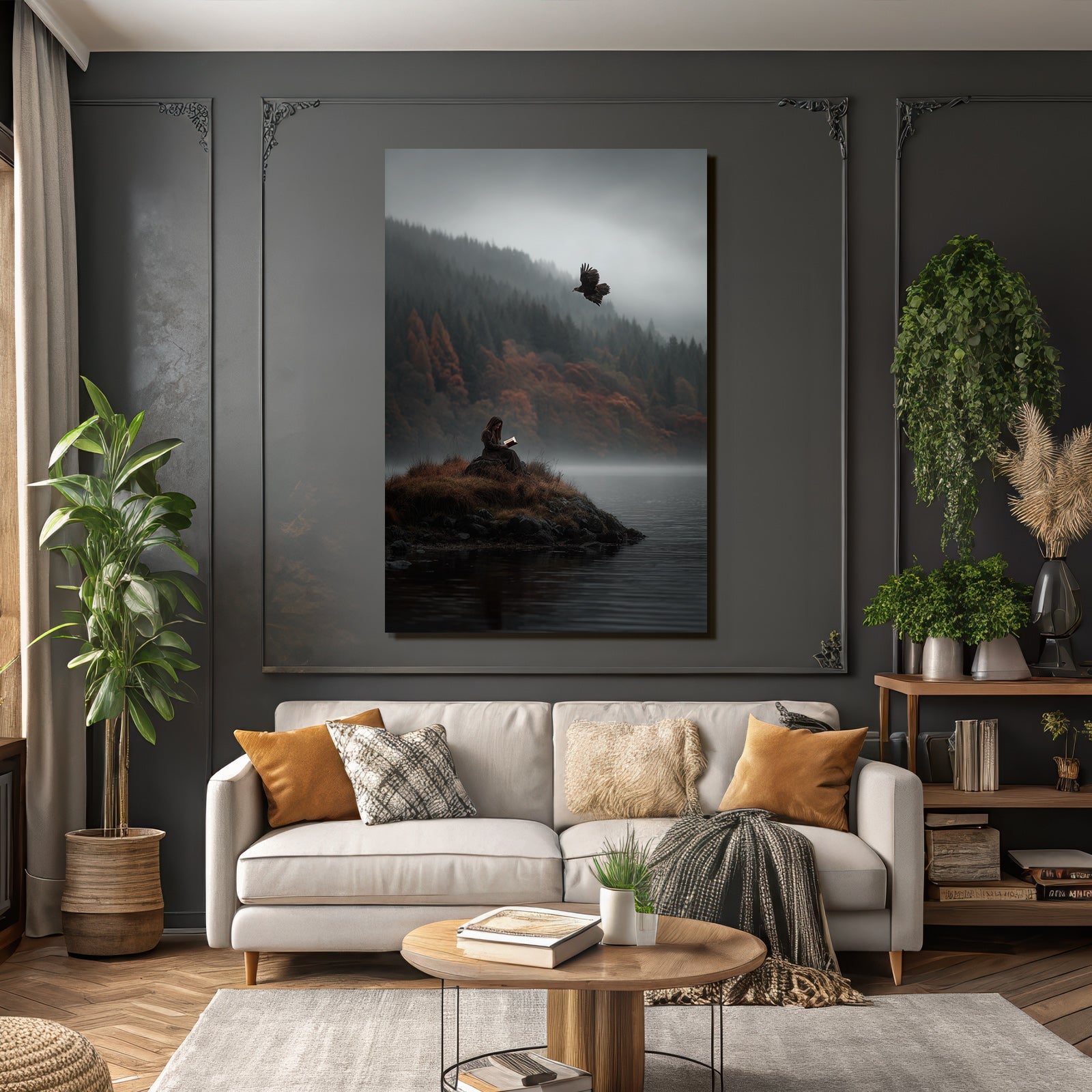Lesen Denken Ruhige Szene Am Nebligen See Im Herbst Mit Person Im Mantel Lesend