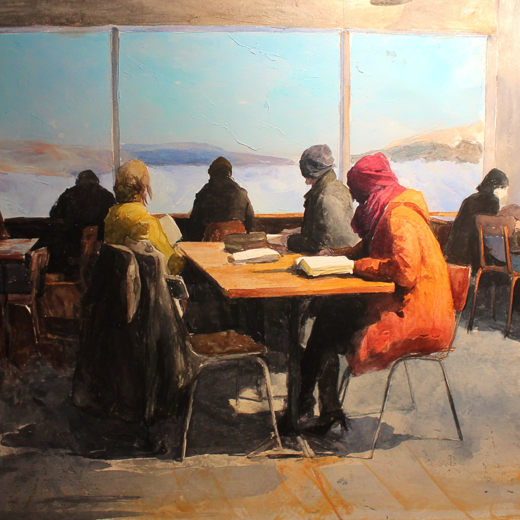 Lesen Denken Cafe Winterlandschaft Mit Leuten Die Studieren Und Gemutliches Lesen | Lesen und Denken | Themen und Hobbys
