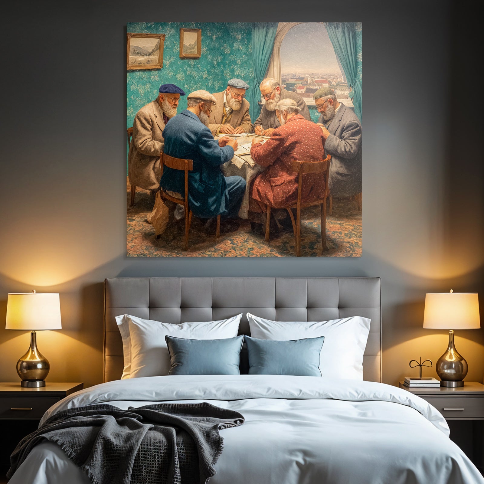 Lesen Denken Gruppe Älterer Männer Diskussion Am Tisch Kunstvolle Porträtmalerei