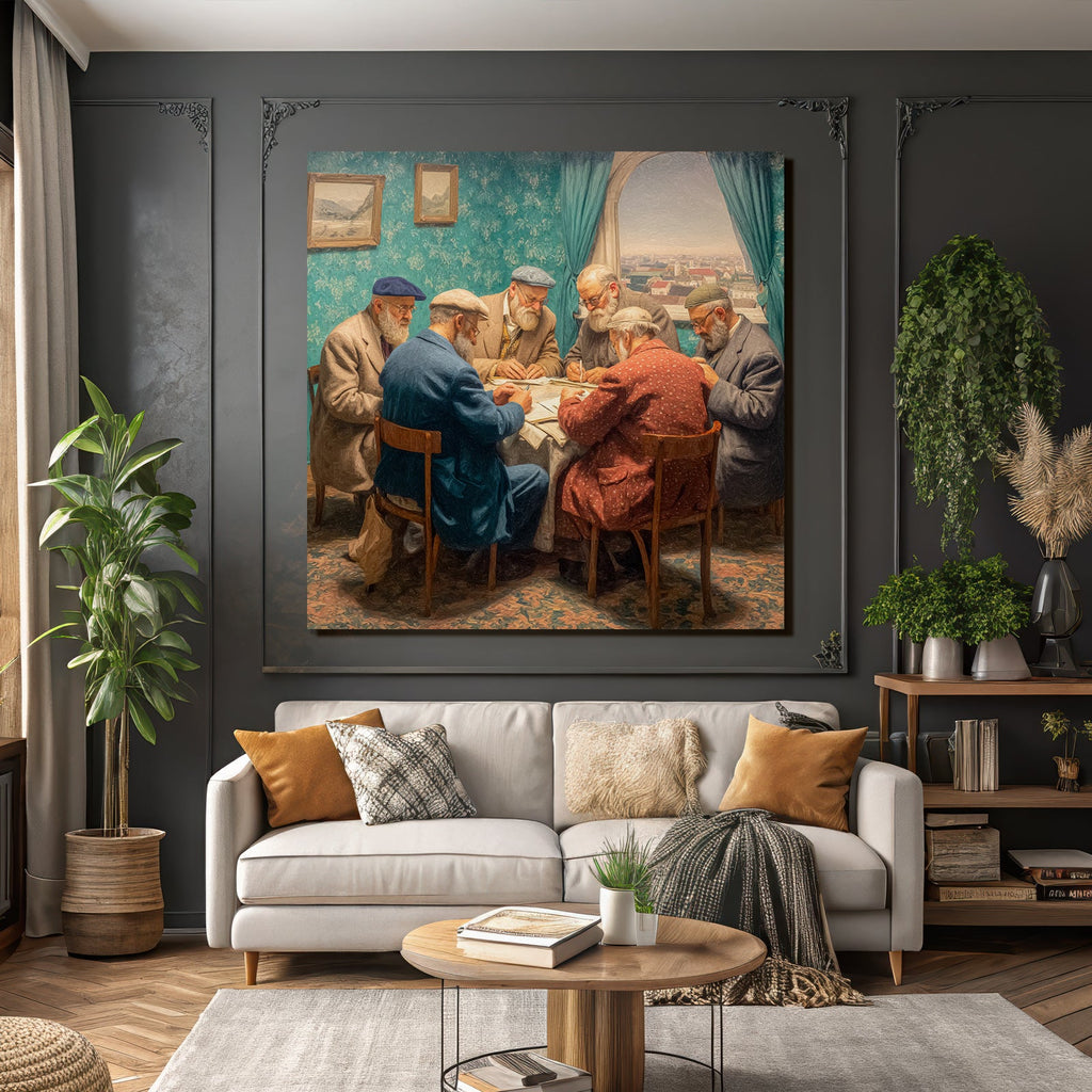 Lesen Denken Gruppe Älterer Männer Diskussion Am Tisch Kunstvolle Porträtmalerei
