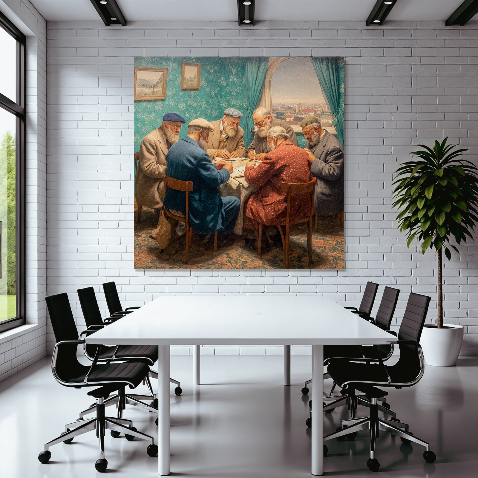 Lesen Denken Gruppe Älterer Männer Diskussion Am Tisch Kunstvolle Porträtmalerei