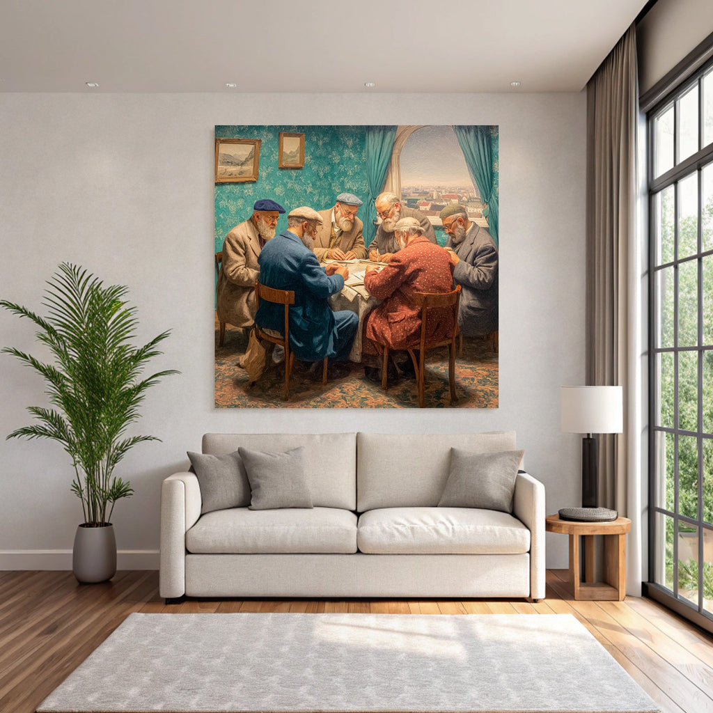 Lesen Denken Gruppe Älterer Männer Diskussion Am Tisch Kunstvolle Porträtmalerei