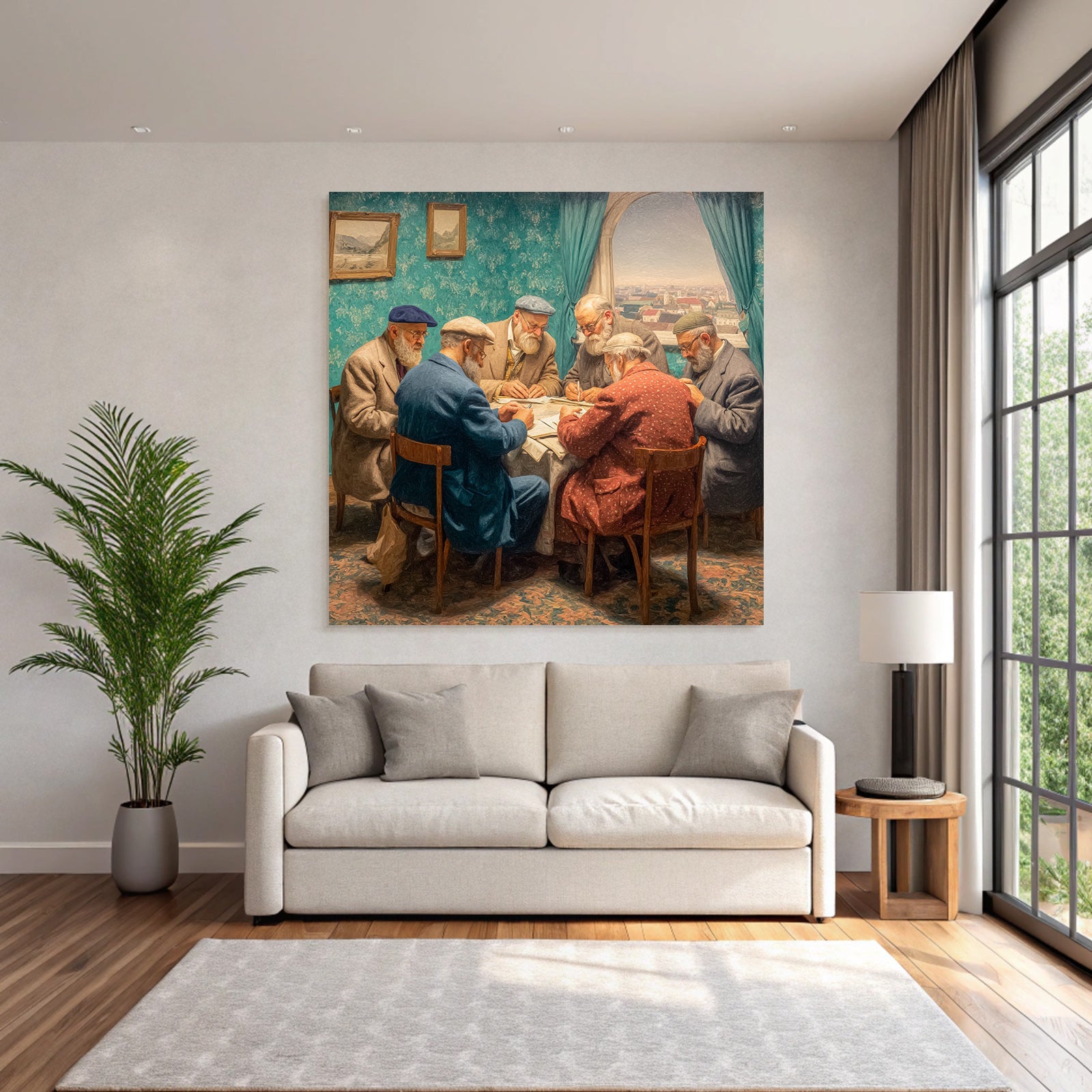 Lesen Denken Gruppe Älterer Männer Diskussion Am Tisch Kunstvolle Porträtmalerei