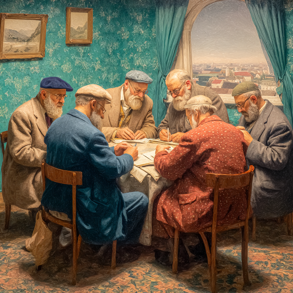 Lesen Denken Gruppe Älterer Männer Diskussion Am Tisch Kunstvolle Porträtmalerei | Lesen und Denken | Themen und Hobbys