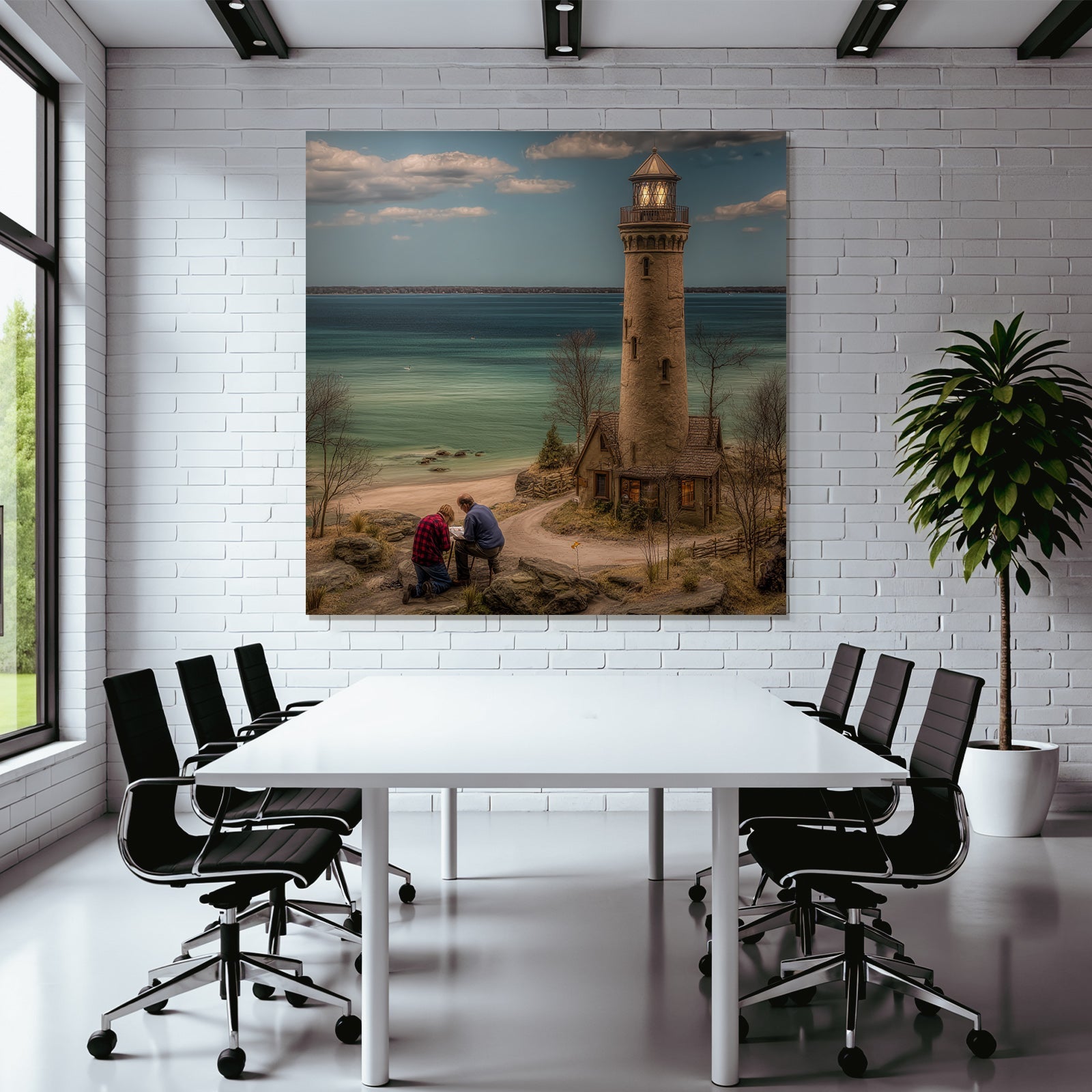 Lesen Denken Leuchtturm Am Ufer Und Haus Mit Anschaün Von Menschen In Einer Idylischen Landschaft