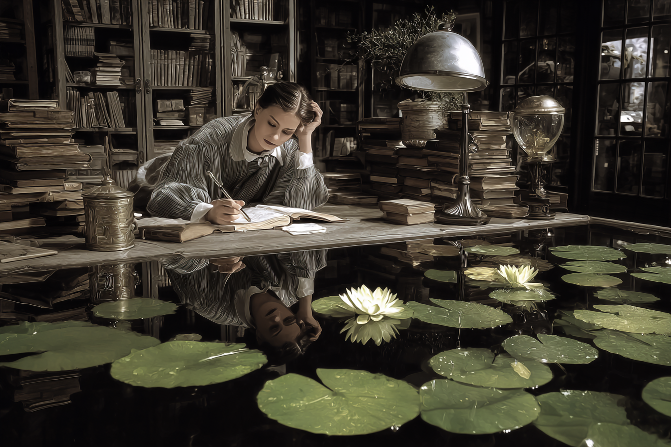 Lesen Denken Friedliche Bibliothek Mit Person Am Tisch Und Seetangen | Lesen und Denken | Themen und Hobbys