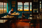 Lesen Denken Gemütliche Innenansicht Cafe Mit Meerblick Und Lesendem Person | Lesen und Denken | Themen und Hobbys