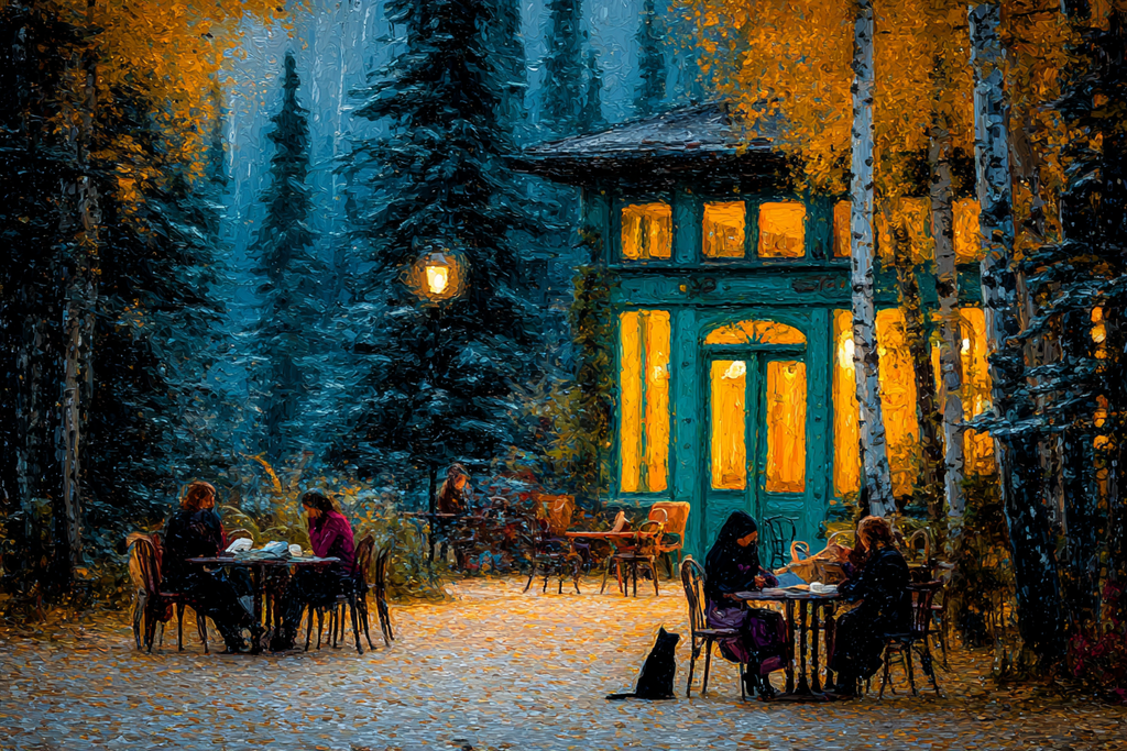Lesen Denken Gemütlicher Abend Im Wald Cafe Mit Katze Herbstliche Laubfür Colors Deep Blüs Yellows Oranges | Lesen und Denken | Themen und Hobbys