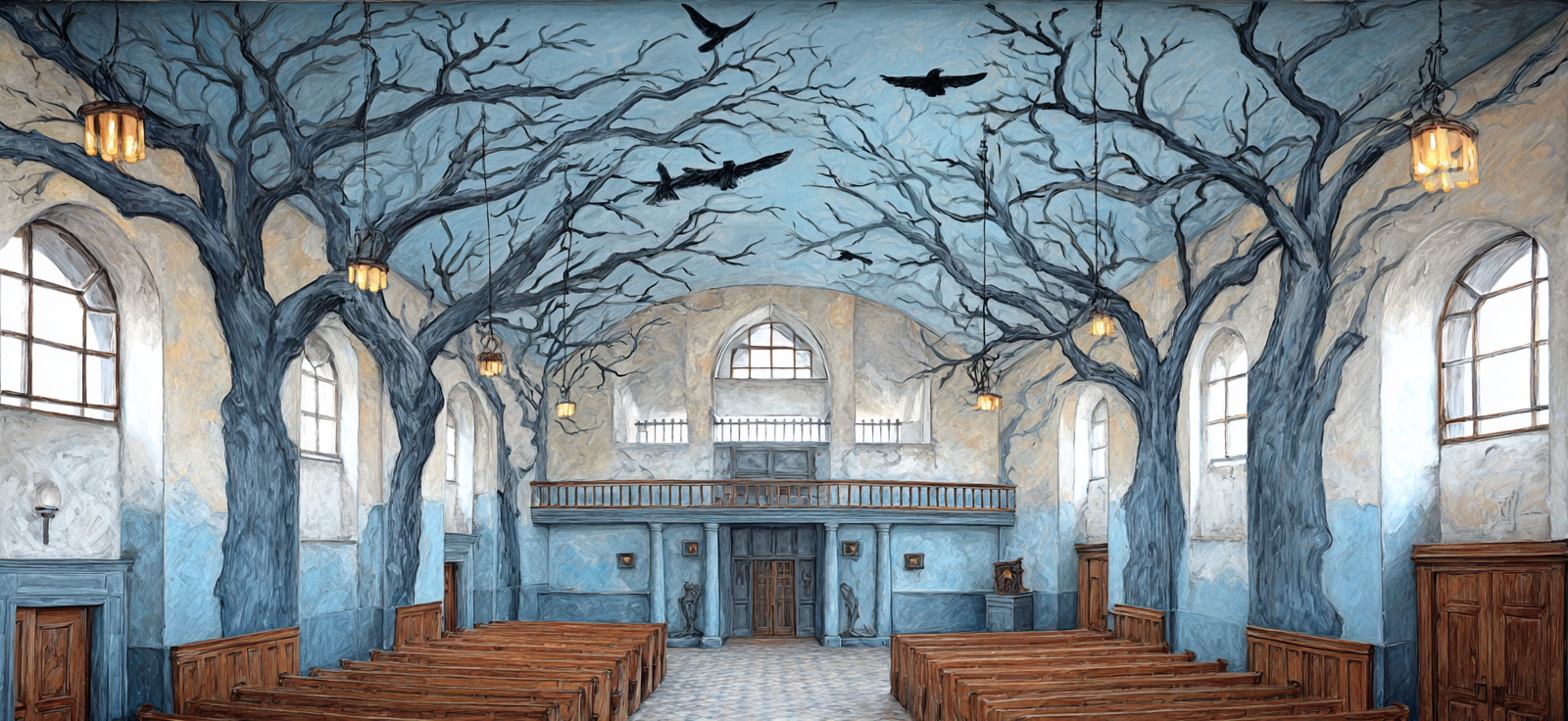 Lesen Denken Kirche Innenansicht Mit Baum Malereien Und Laternen | Lesen und Denken | Themen und Hobbys