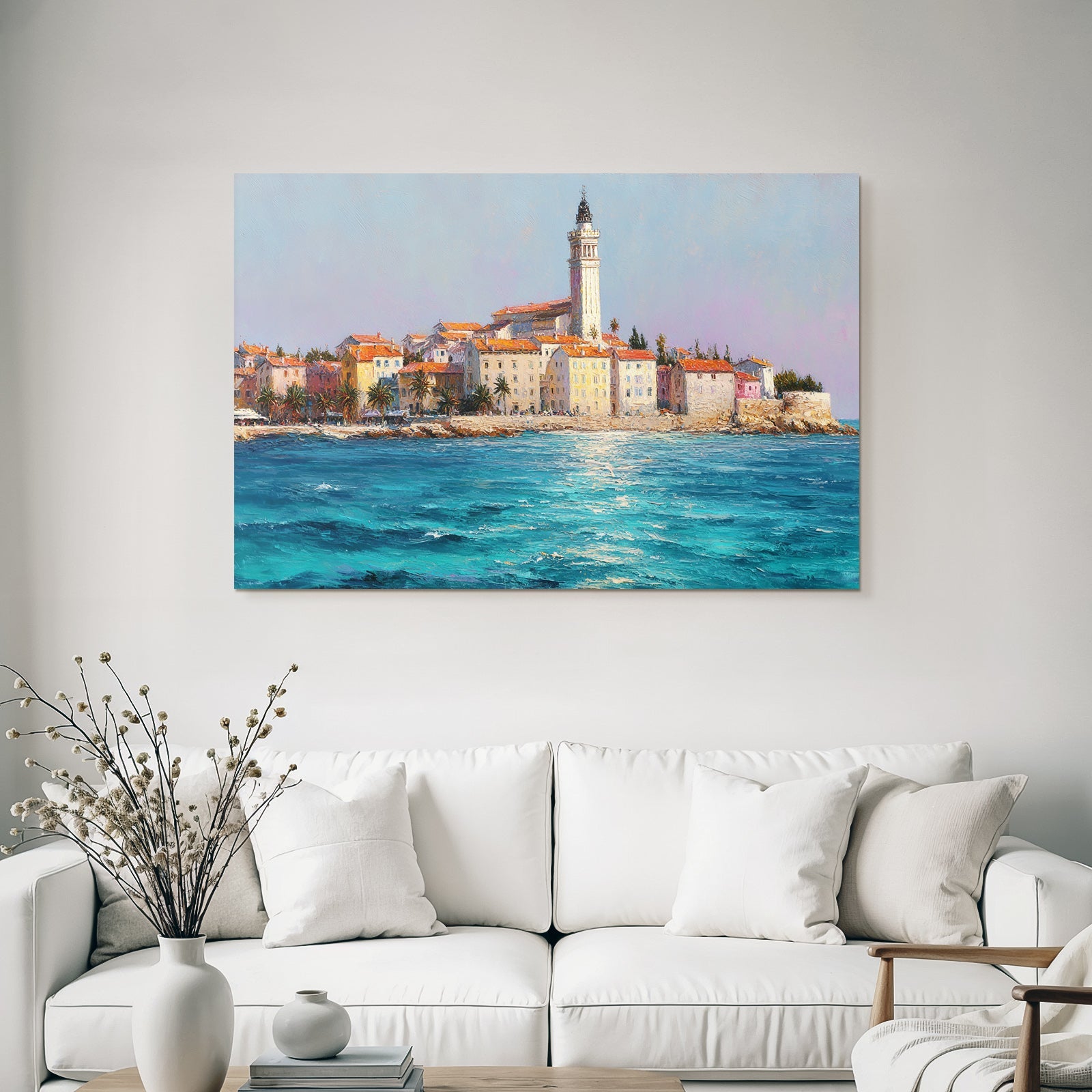 Lesen Denken Küstensicht Bunte Gebäude Mit Leuchtturm Impressionistisch