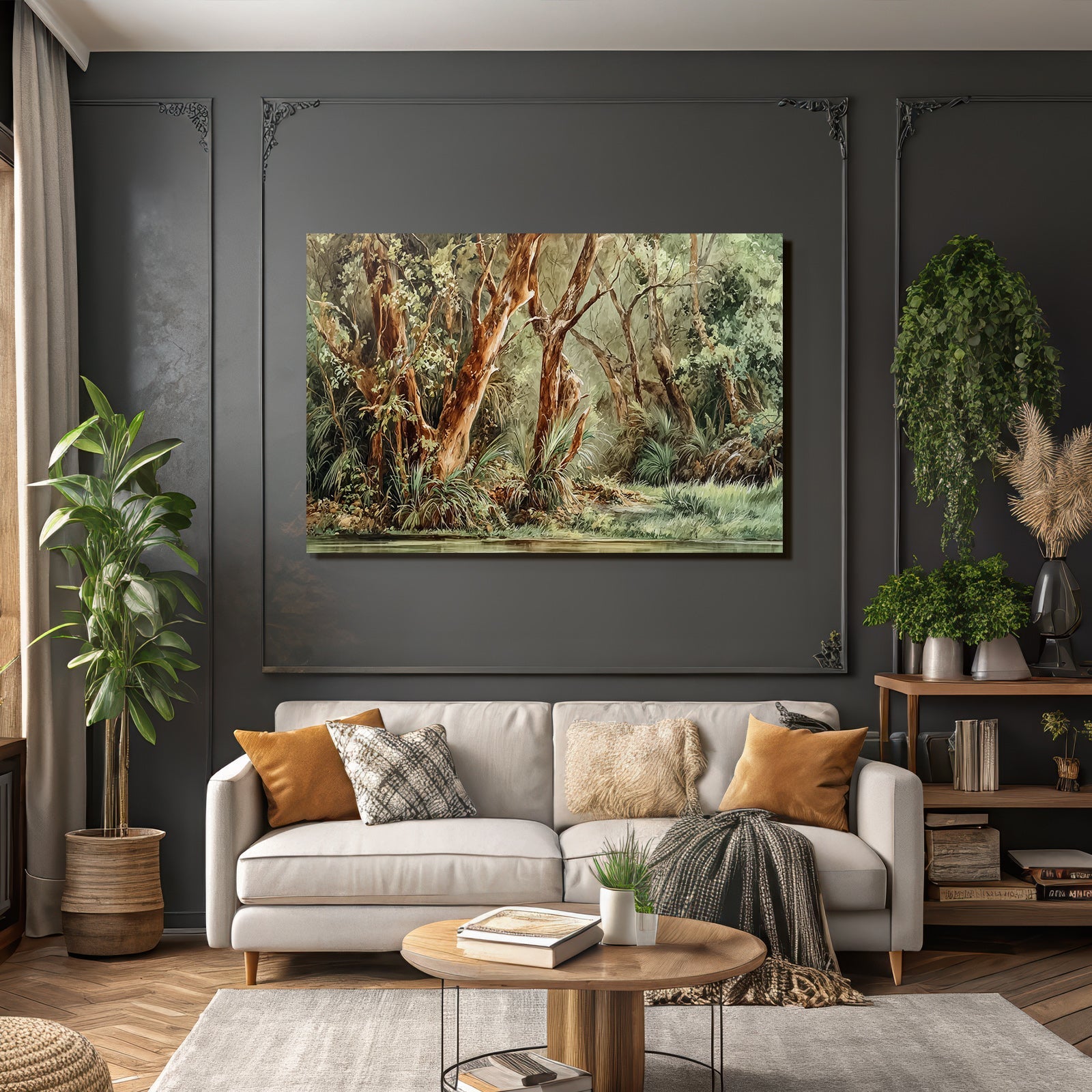 Lesen Denken Lush Naturlandschaft Wald Oder Flussufer Mit Folien Details