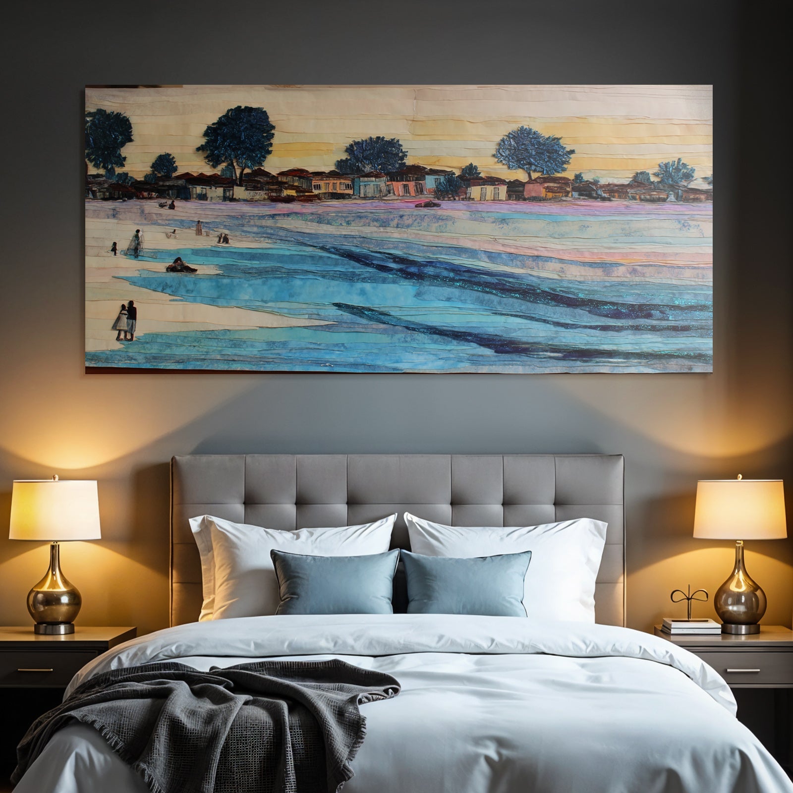 Lesen Denken Mixed Media Szenische Landschaft Wasser Häuser Bäume Aktive Szene