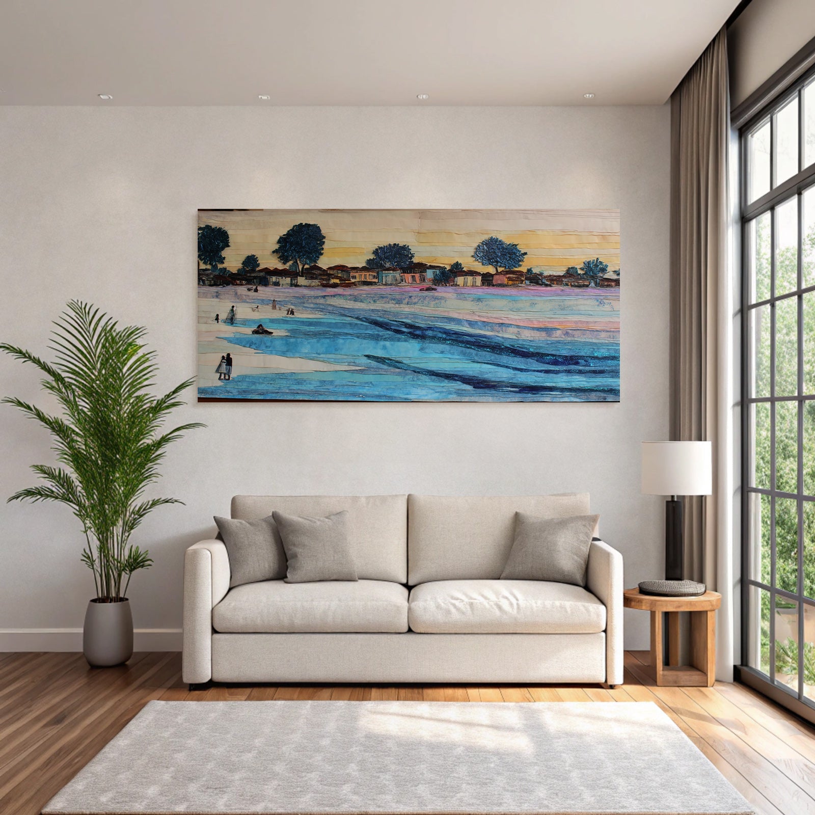 Lesen Denken Mixed Media Szenische Landschaft Wasser Häuser Bäume Aktive Szene