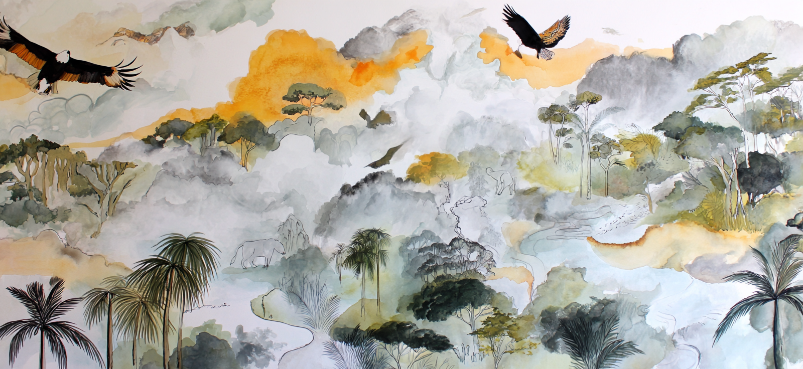 Lesen Denken Naturlandschaft Wasserfarben Baum Wolken Vögel | Lesen und Denken | Themen und Hobbys