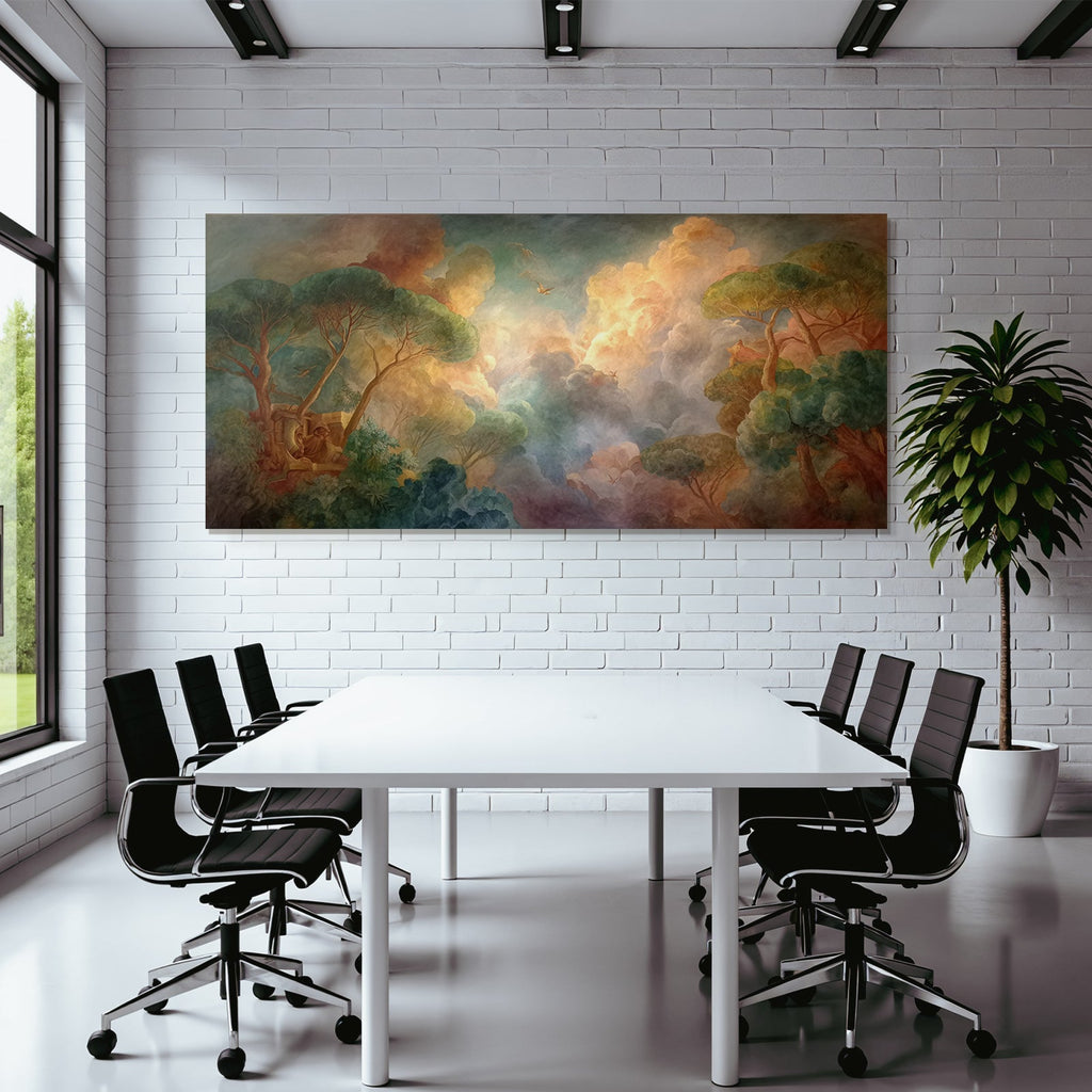 Lesen Denken Ruhige Naturlandschaft Mit Bäumen Und Birds Mural