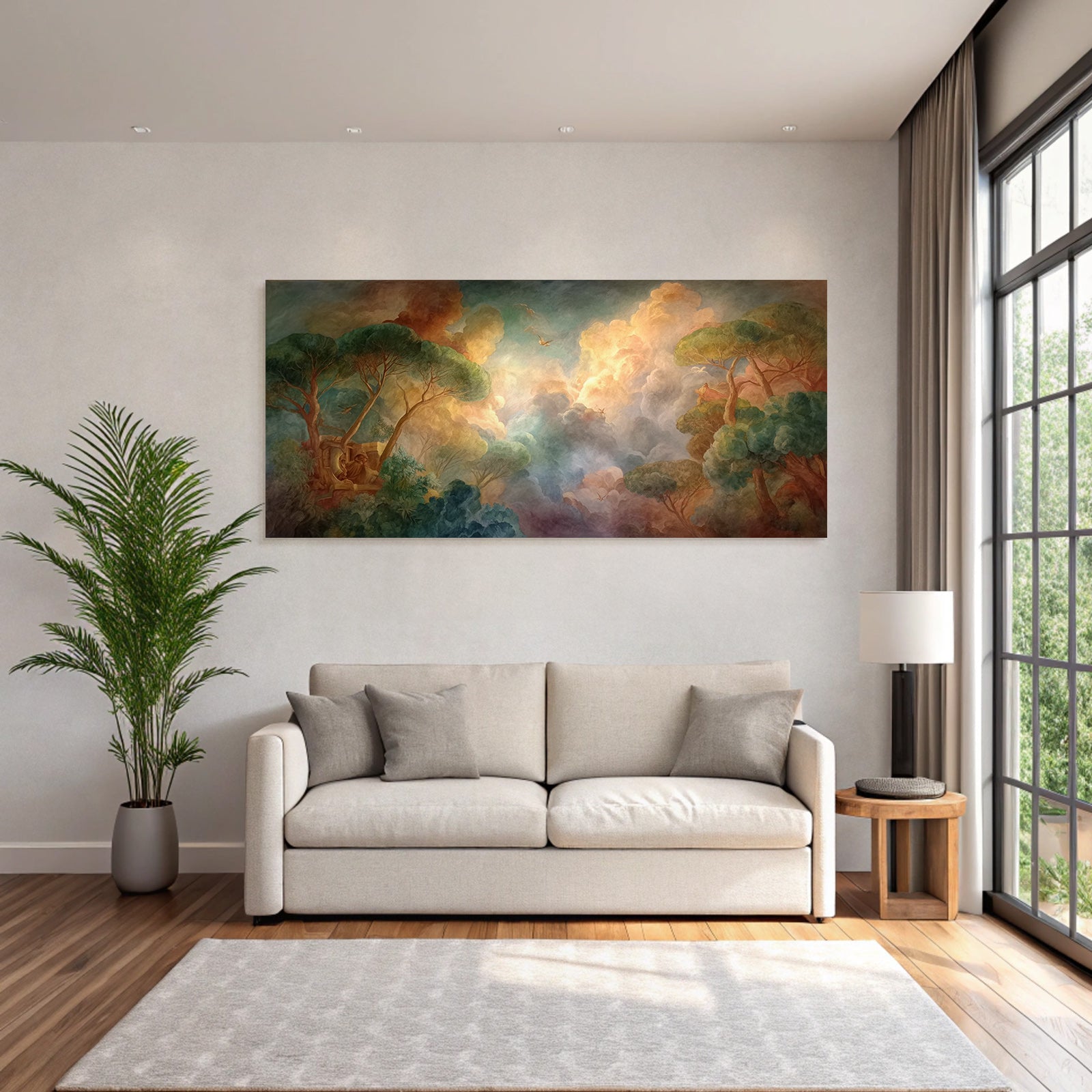 Lesen Denken Ruhige Naturlandschaft Mit Bäumen Und Birds Mural