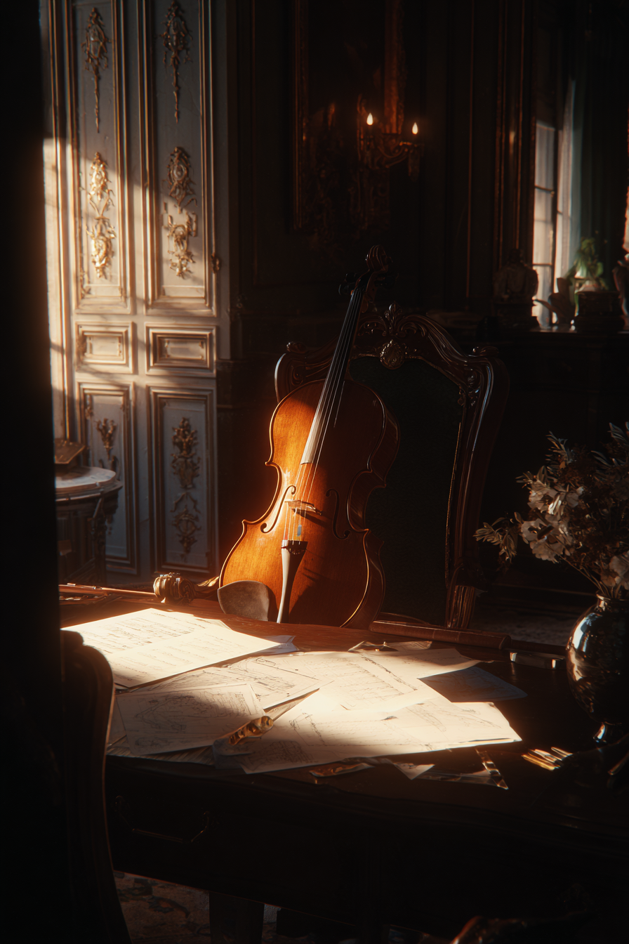 Holzgeige Auf Einem Dekorierten Tisch In Einem Eleganten Raum | Musik und Instrumente | Themen und Hobbys
