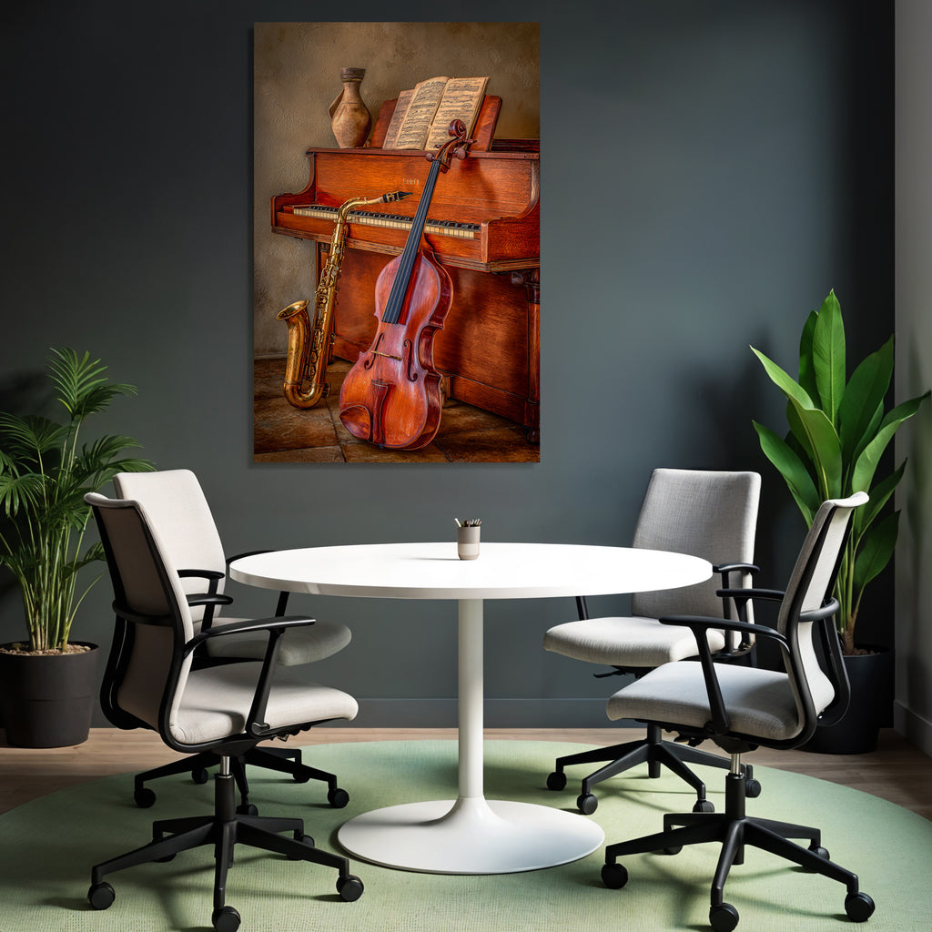 Holzpiano Mit Notenblatt Saxophon Und Geige In Artistischem Raum