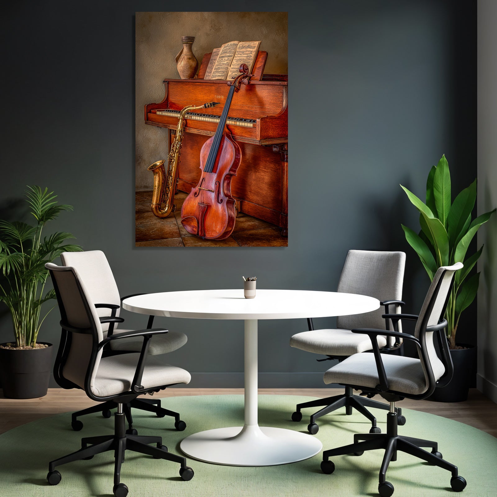 Holzpiano Mit Notenblatt Saxophon Und Geige In Artistischem Raum