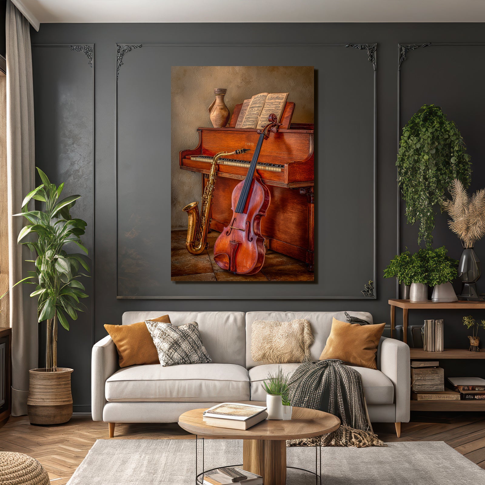 Holzpiano Mit Notenblatt Saxophon Und Geige In Artistischem Raum