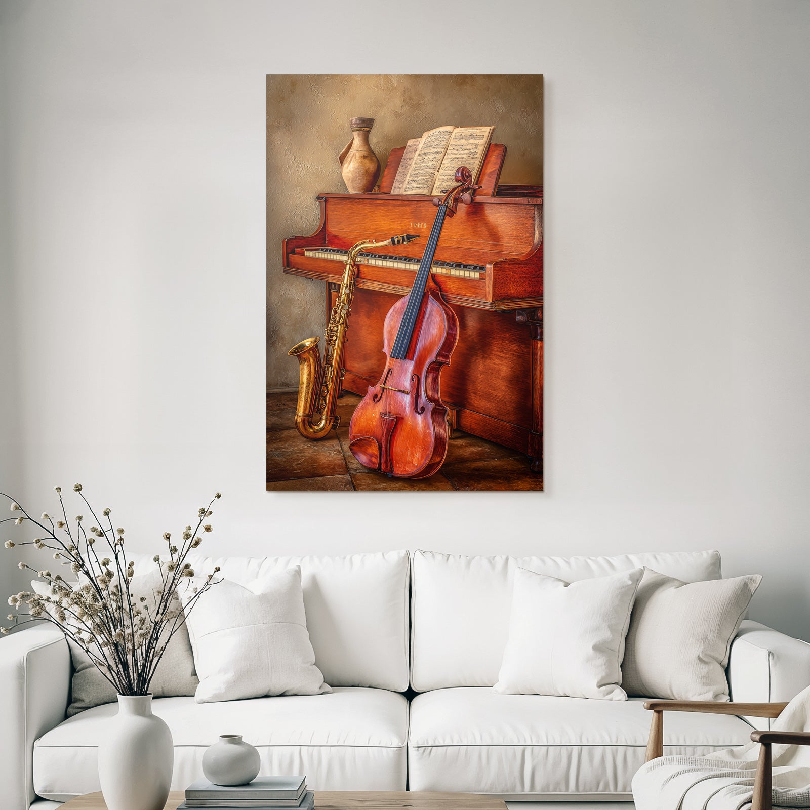 Holzpiano Mit Notenblatt Saxophon Und Geige In Artistischem Raum