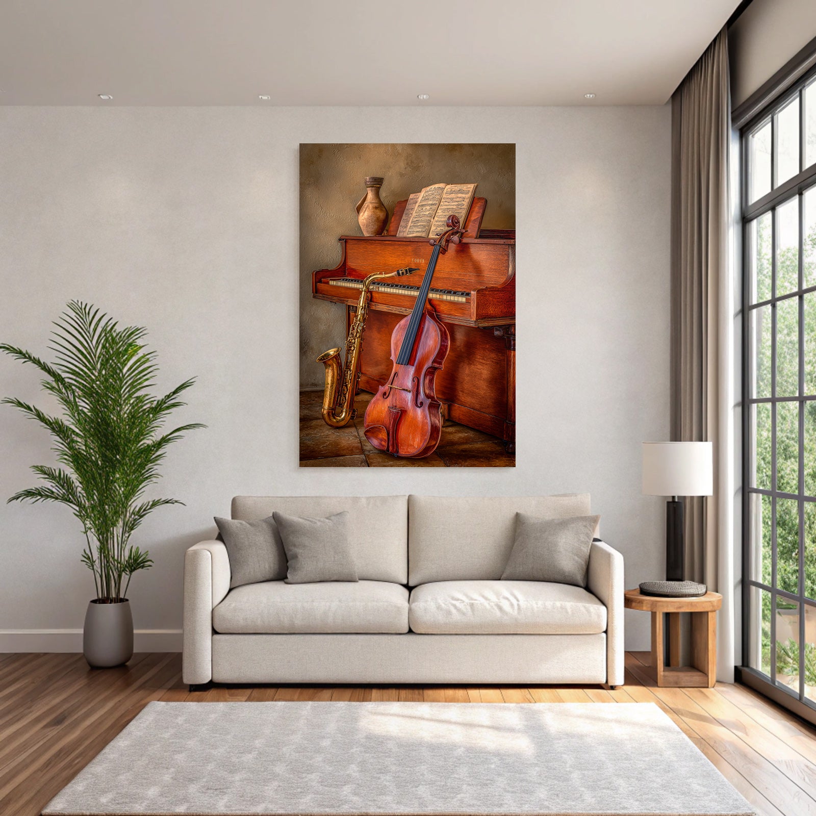 Holzpiano Mit Notenblatt Saxophon Und Geige In Artistischem Raum