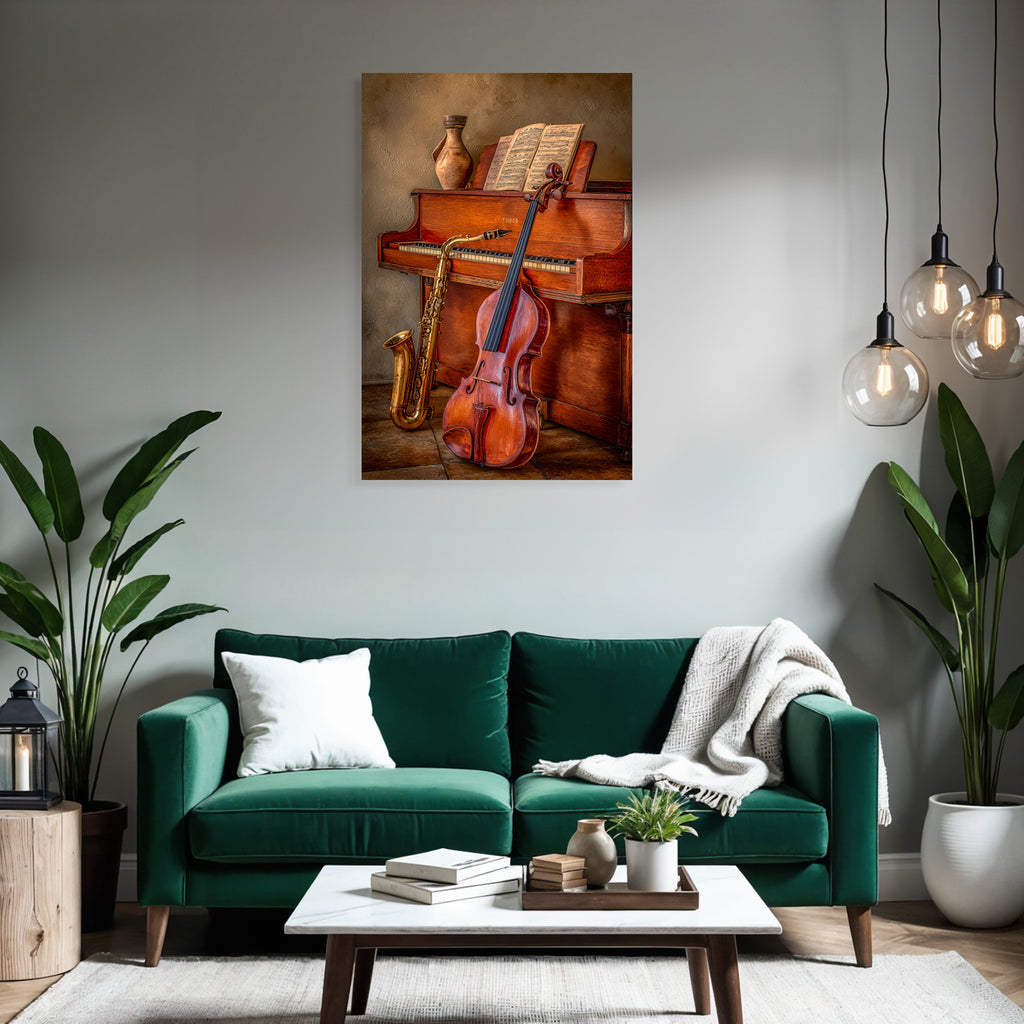 Holzpiano Mit Notenblatt Saxophon Und Geige In Artistischem Raum