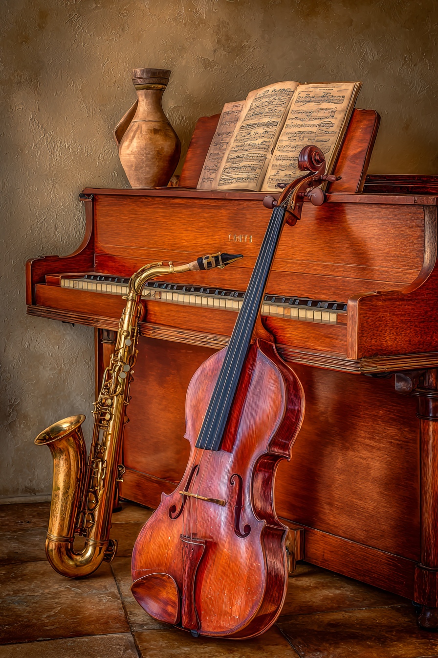 Holzpiano Mit Notenblatt Saxophon Und Geige In Artistischem Raum | Musik und Instrumente | Themen und Hobbys