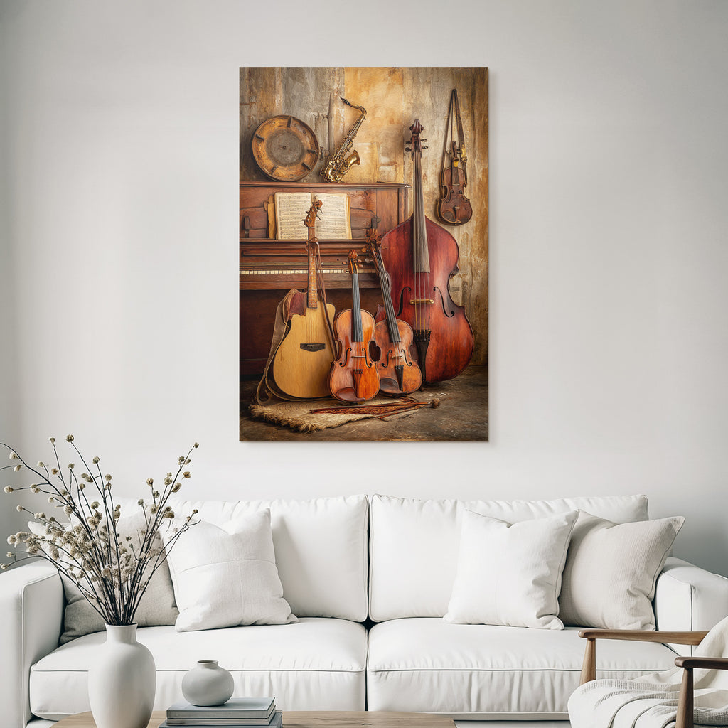 Musikalische Instrumente Anordnung Akustikgitarre Und Klavier