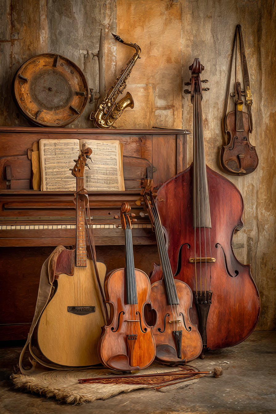 Musikalische Instrumente Anordnung Akustikgitarre Und Klavier | Musik und Instrumente | Themen und Hobbys