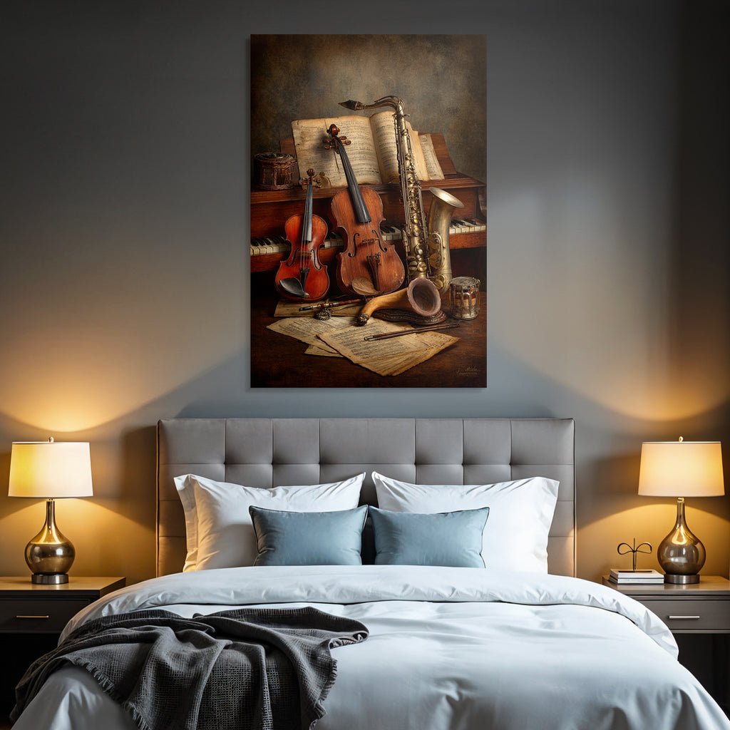 Musikinstrumente Auf Tisch Mit Notenblatt Hintergrund Vintage Ästhetik