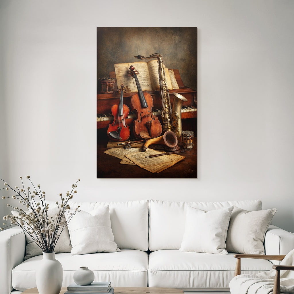 Musikinstrumente Auf Tisch Mit Notenblatt Hintergrund Vintage Ästhetik