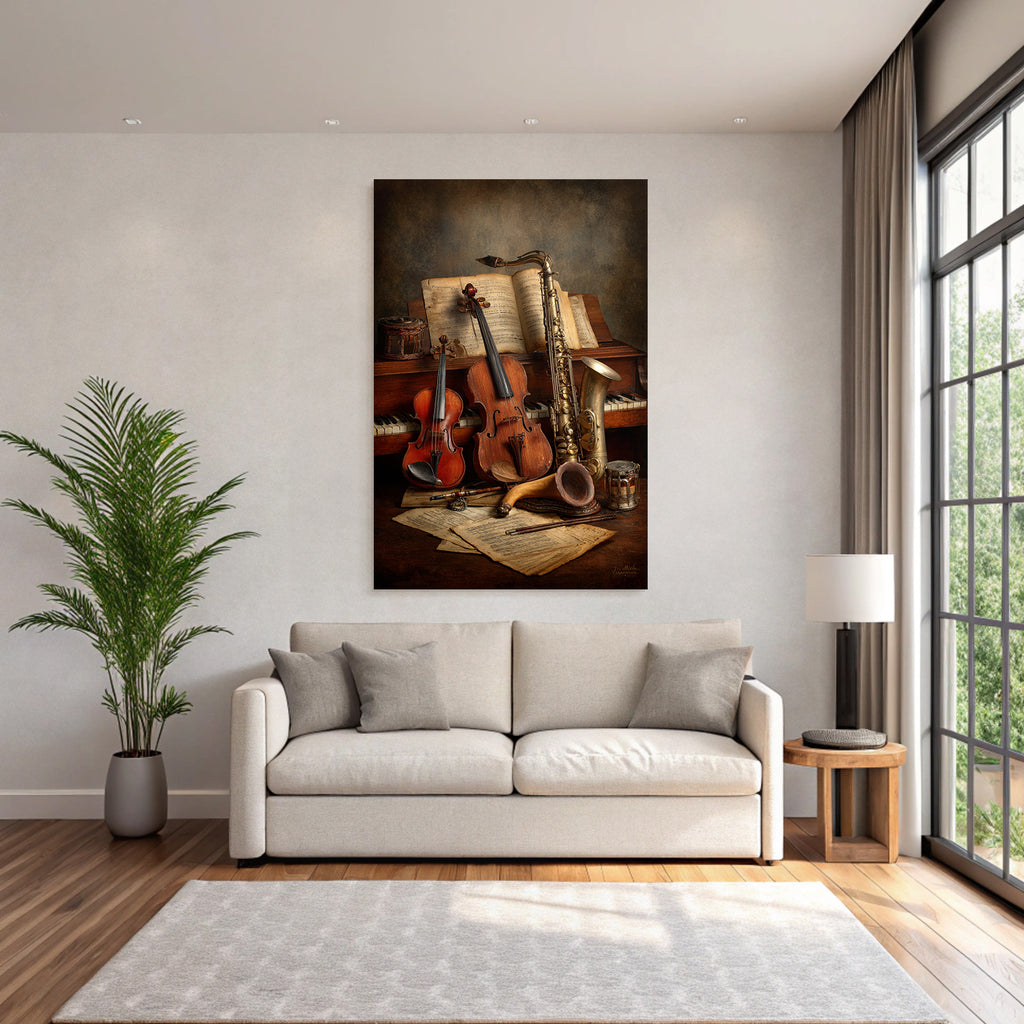 Musikinstrumente Auf Tisch Mit Notenblatt Hintergrund Vintage Ästhetik