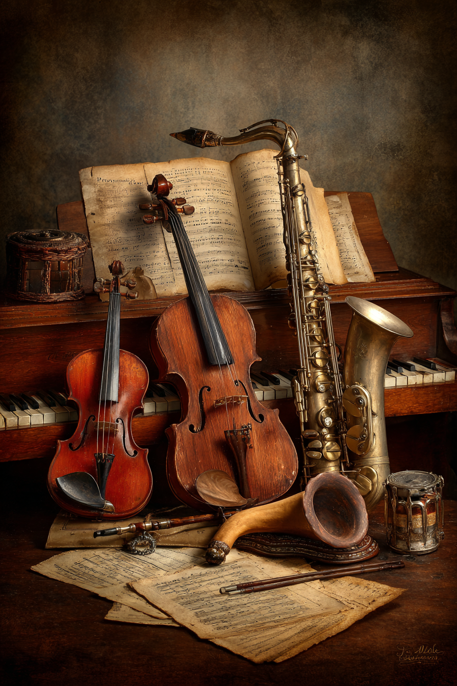 Musikinstrumente Auf Tisch Mit Notenblatt Hintergrund Vintage Ästhetik | Musik und Instrumente | Themen und Hobbys